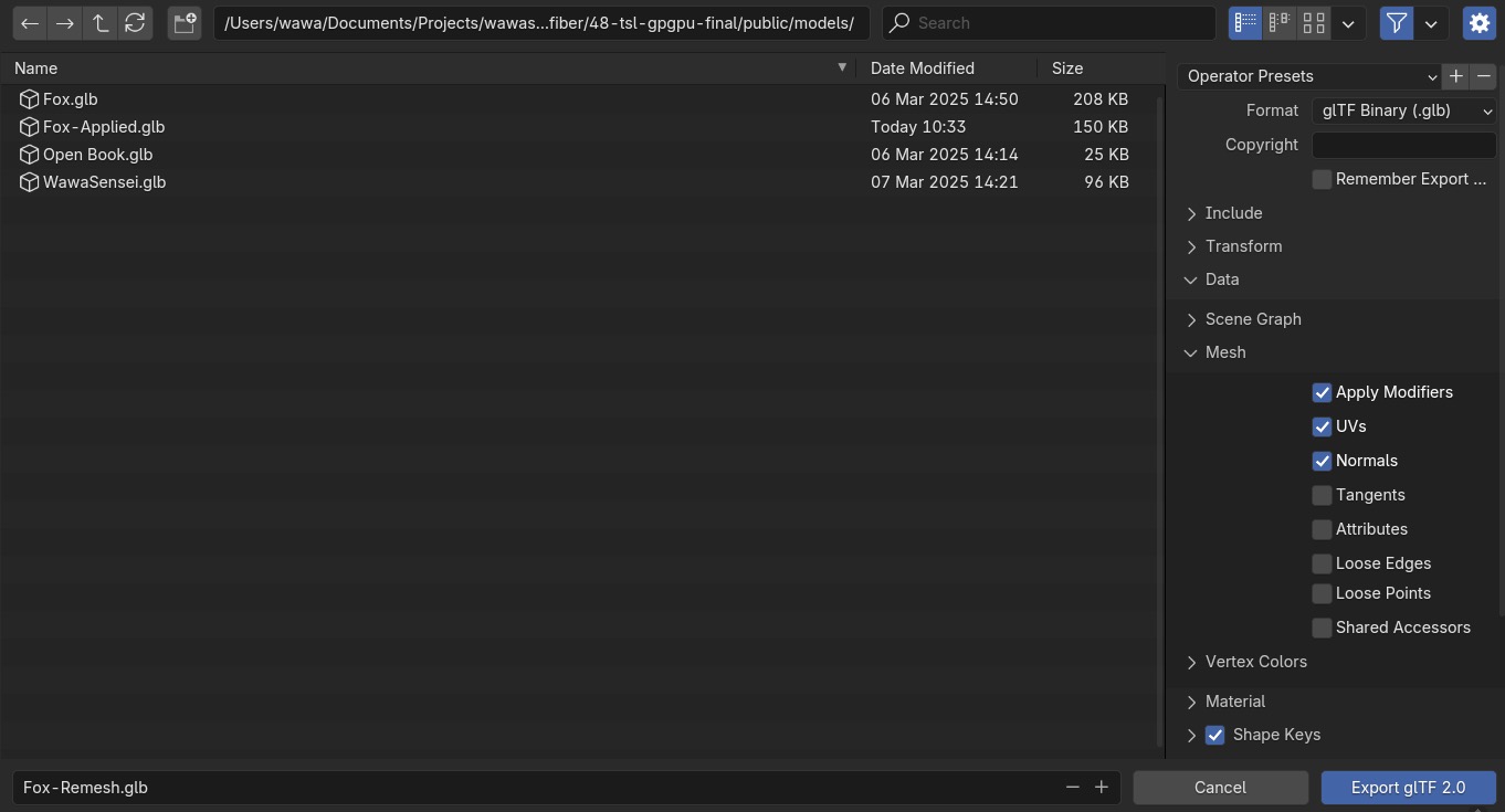 Fox model export GLTF Apply modifiers